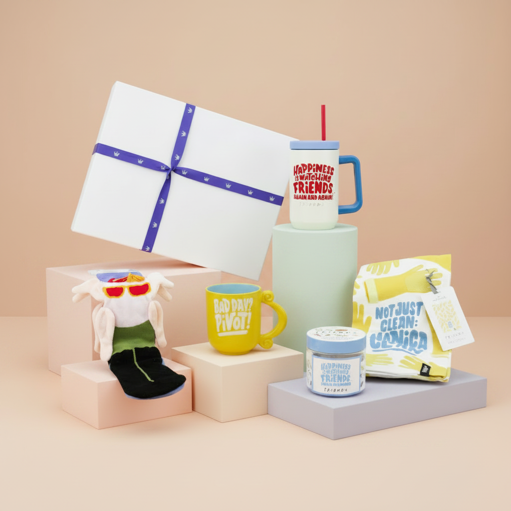 Collection of friends tv show themed mugs, a gift box, and socks on a beige background