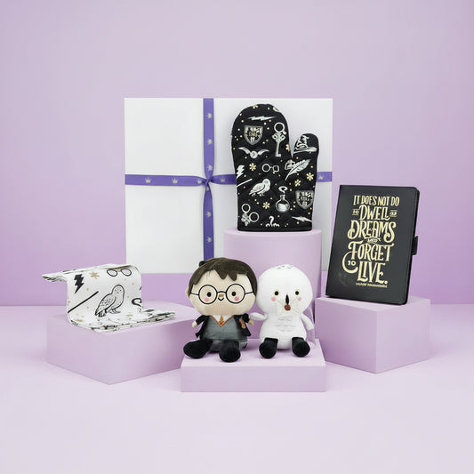 Set of Harry Potter-themed kitchen items including a tea towel, figurines, plush toy, and a notebook on a purple, oven mitt background