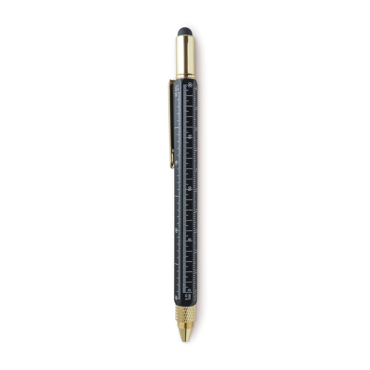 Black pen with metallic gold accents featuring rulers, mini level, and stylus, angled view, designed for multi-use.