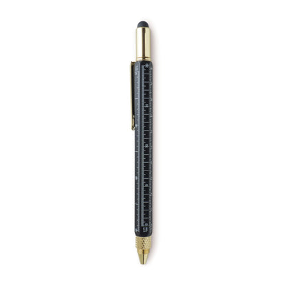 Black pen with metallic gold accents featuring rulers, mini level, and stylus, angled view, designed for multi-use.