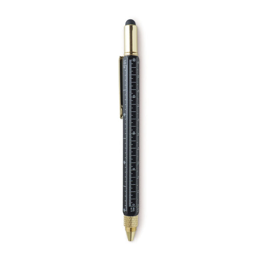 Black pen with metallic gold accents featuring rulers, mini level, and stylus, angled view, designed for multi-use.