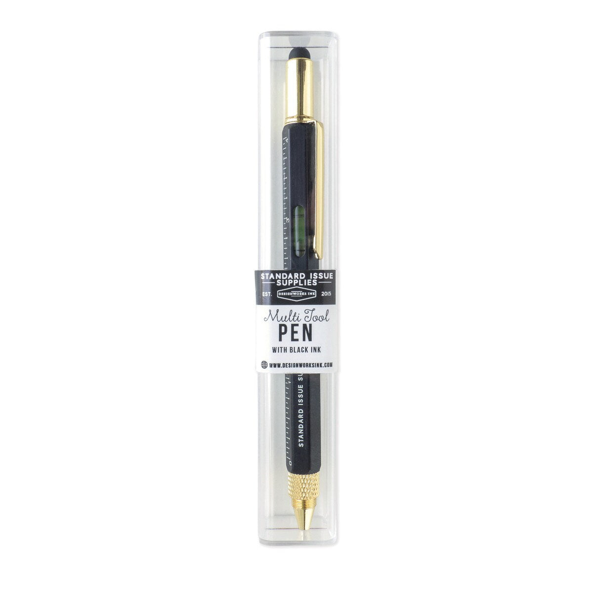 Black pen packaged in clear box, featuring a multi-tool design with metallic gold accents and a mini level.