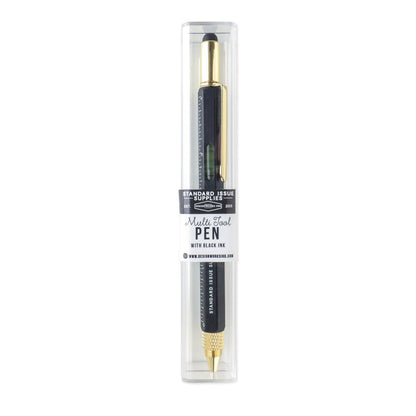 Black pen packaged in clear box, featuring a multi-tool design with metallic gold accents and a mini level.