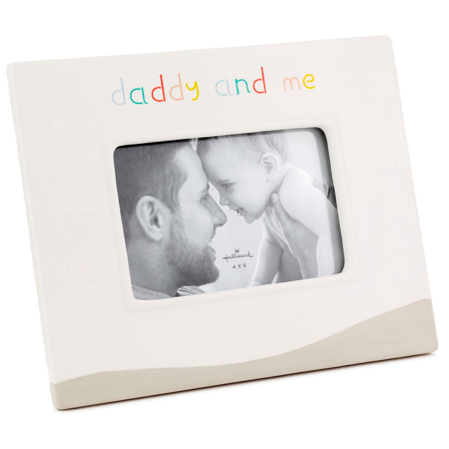 Daddy & Me Picture Frame, 4x6 in white and raw ceramic, featuring debossed coloured lettering and a photo of dad with child.
