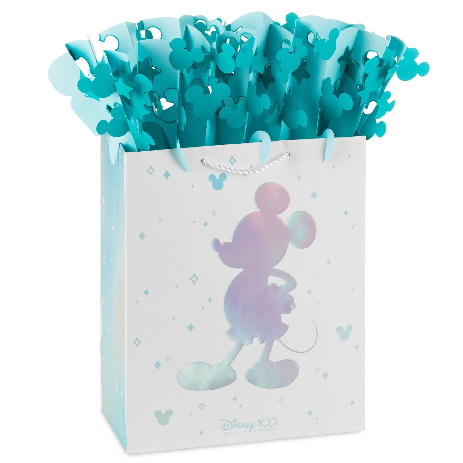 Disney 100 Years of Wonder Large Gift Bag With WonderFill Topper (33cm) featuring blue WonderFill and Mickey Mouse silhouette design.