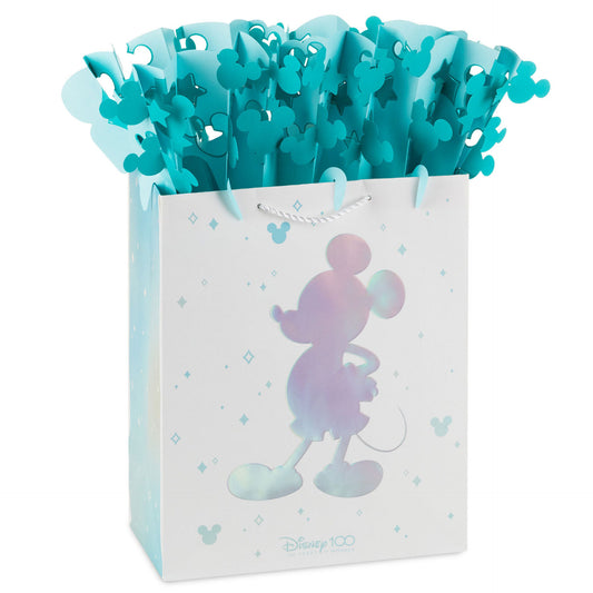 Disney 100 Years of Wonder Large Gift Bag With WonderFill Topper (33cm) featuring blue WonderFill and Mickey Mouse silhouette design.