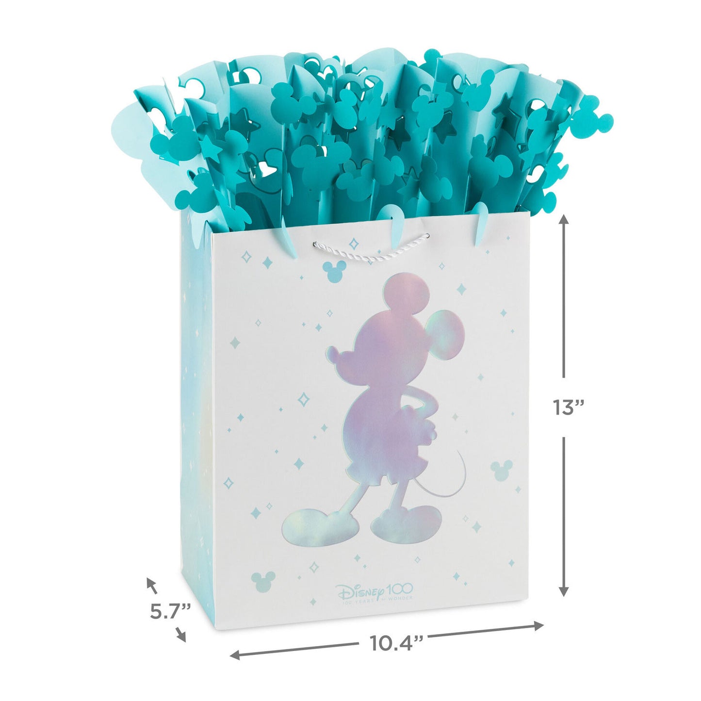 Disney 100 Years of Wonder large gift bag with WonderFill topper, featuring Mickey Mouse silhouette, dimensions 26.4cm x 33cm x 14.5cm, side view.
