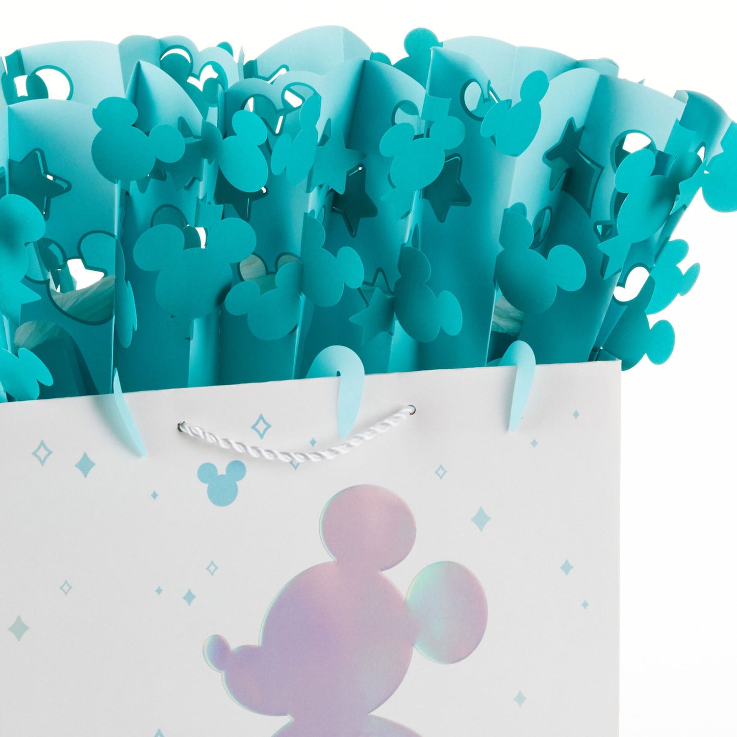 Disney 100 Years of Wonder Large Gift Bag With WonderFill Topper (33cm) featuring teal WonderFill topper with Mickey Mouse shapes, close-up view.