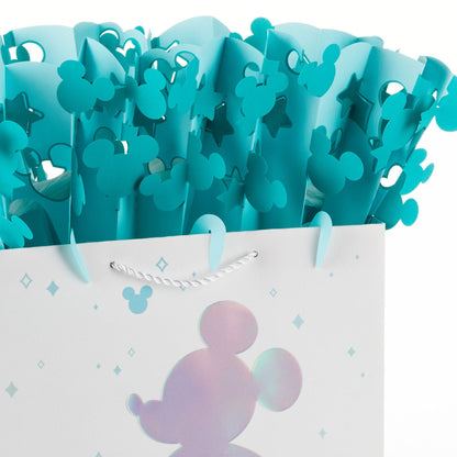 Disney 100 Years of Wonder Large Gift Bag With WonderFill Topper (33cm) featuring teal WonderFill topper with Mickey Mouse shapes, close-up view.