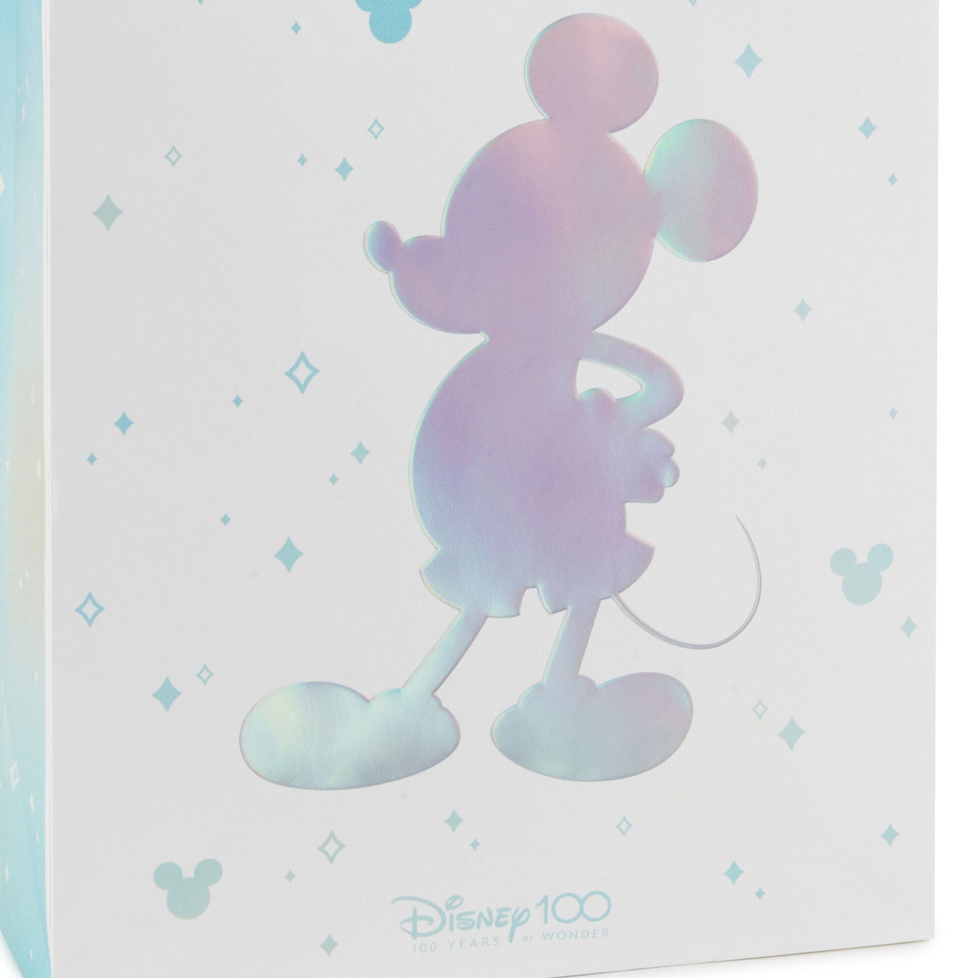 Disney 100 Years of Wonder Large Gift Bag With WonderFill Topper (33cm) featuring iridescent Mickey Mouse silhouette on a white background.