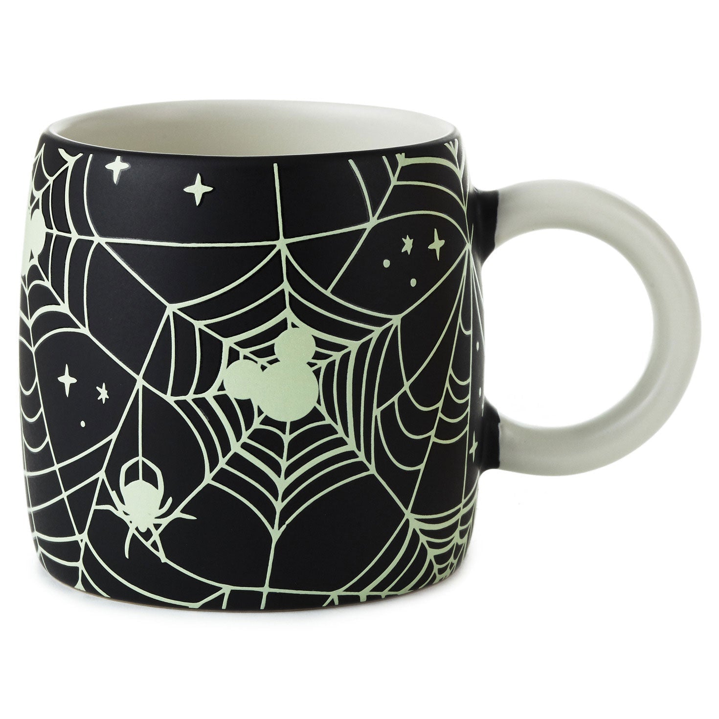 Disney Mickey Mouse Spiderweb Glow-in-the-Dark Mug, 17.5 oz., black ceramic cup with glow-in-the-dark spiderweb and spider design, angled view