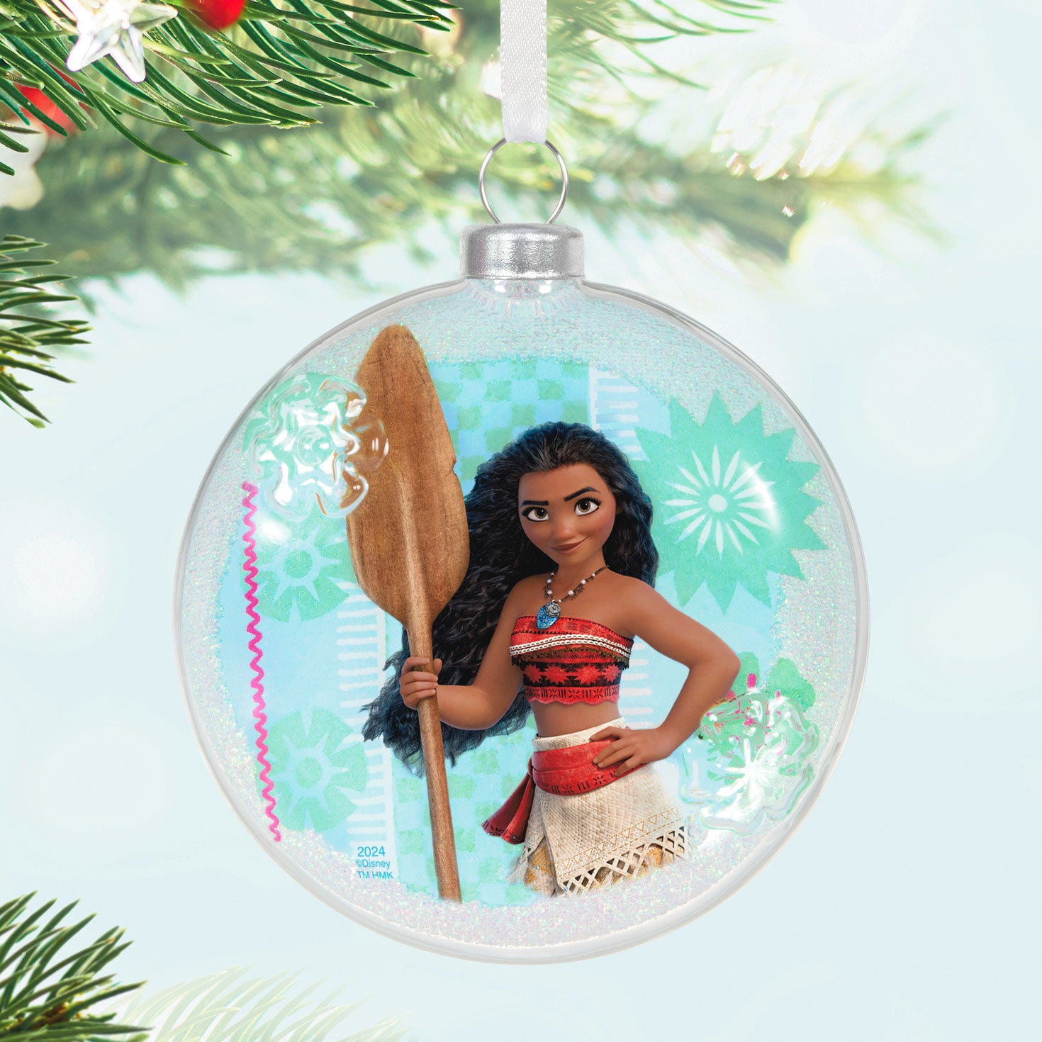 Disney Moana of Motunui (Glass) — Hallmark Keepsake Christmas Ornament, round glass decoration displaying Moana with her oar.
