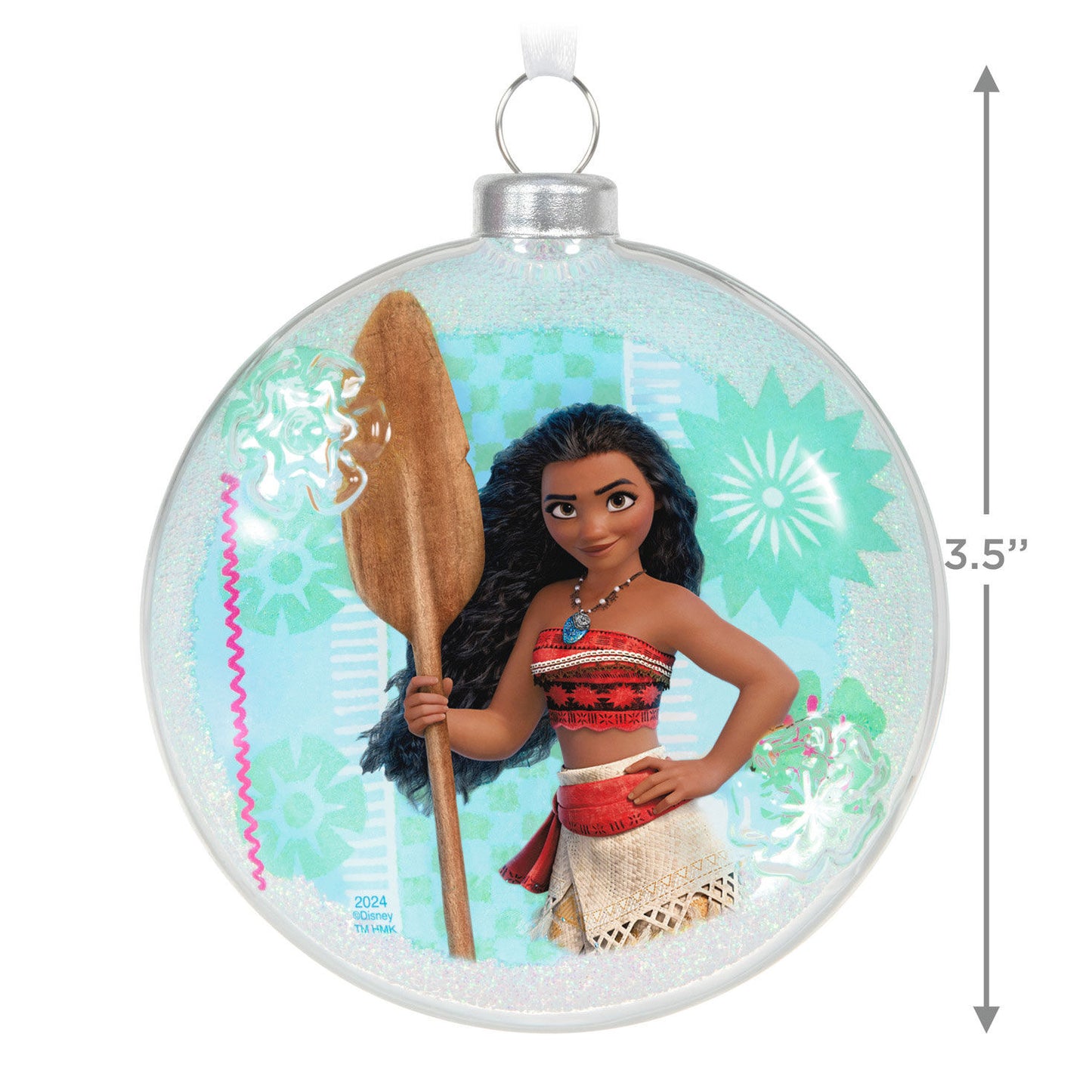 Disney Moana of Motunui (Glass) — Hallmark Keepsake Christmas Ornament featuring Moana with her oar, 3.5-inch round glass decoration.