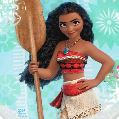 Disney Moana of Motunui (Glass) — Hallmark Keepsake Christmas Ornament, vibrant representation of Moana holding an oar, close up view.