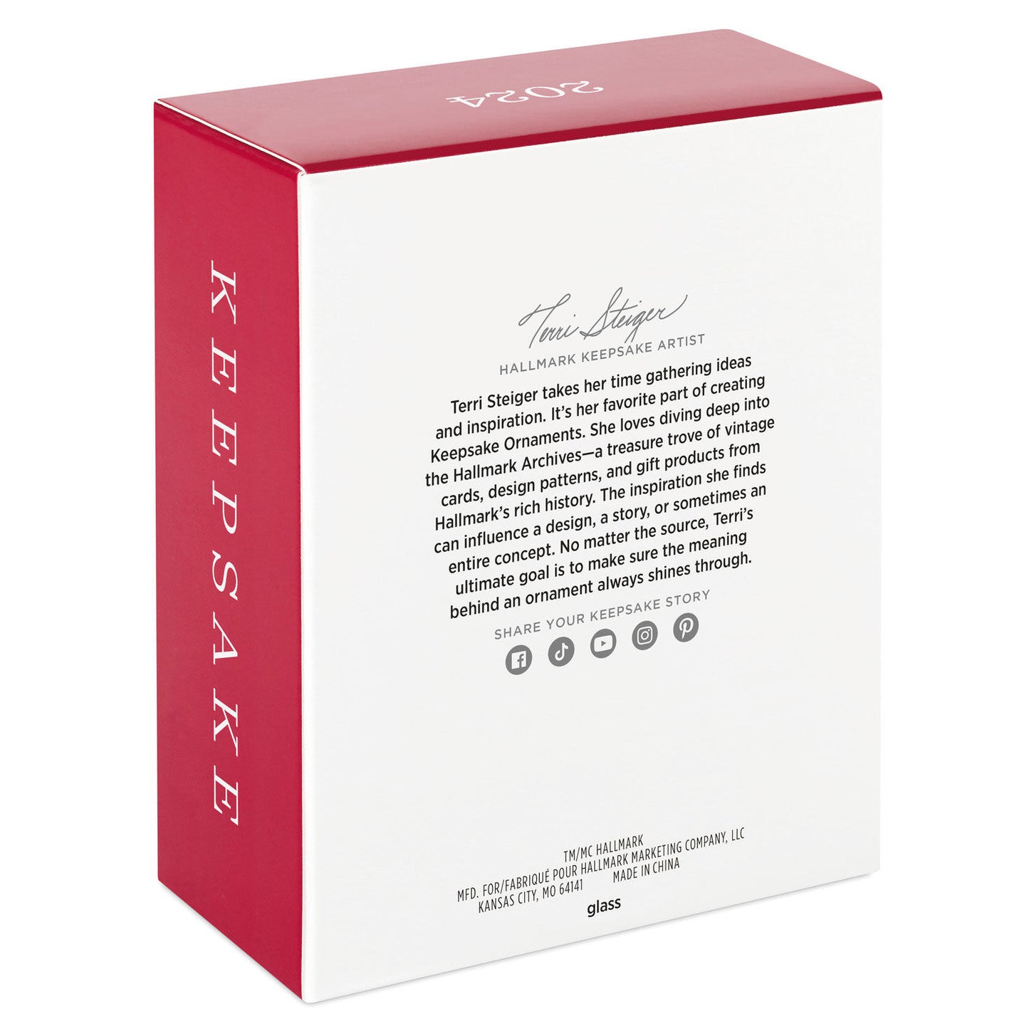 Hallmark Keepsake Christmas ornament packaging featuring Terri Steiger's artist details and care instructions on a red box.