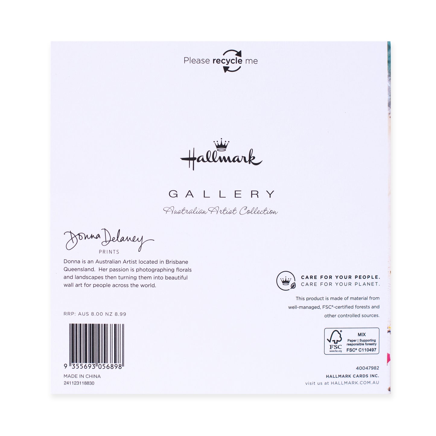 Hallmark x Donna Delaney Gallery Blank Greeting Card - White King, back cover design with artist details and recycling instructions.