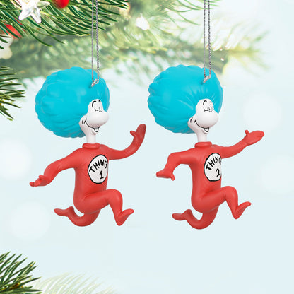 Dr. Seuss's The Cat in the Hat™ Thing One and Thing Two ornaments, set of 2 with blue hair and red jumpsuits, festive display.