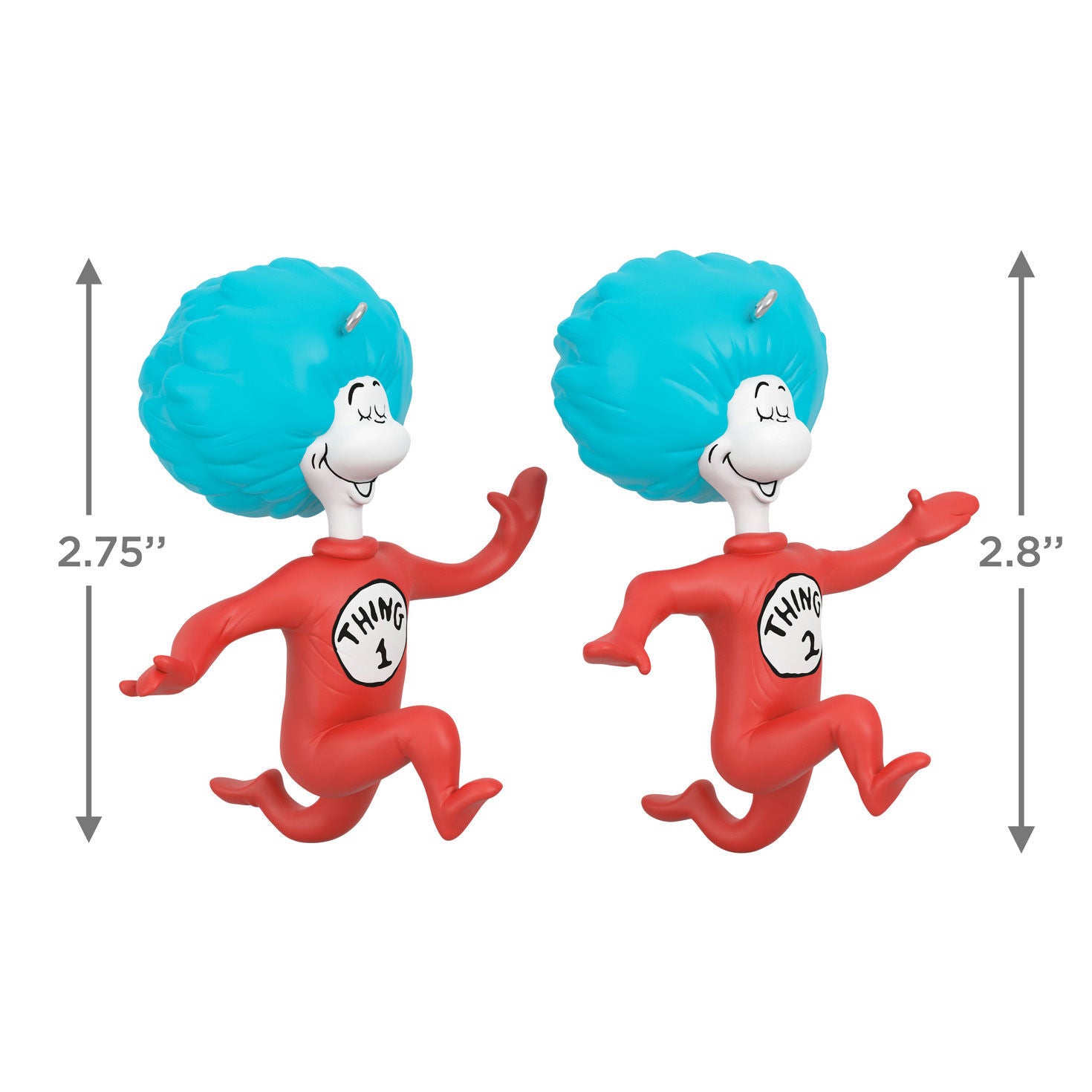 Dr. Seuss's The Cat in the Hat™ Thing One and Thing Two ornaments, set of 2, plastic, 2.75" and 2.8", fun running poses with blue hair.