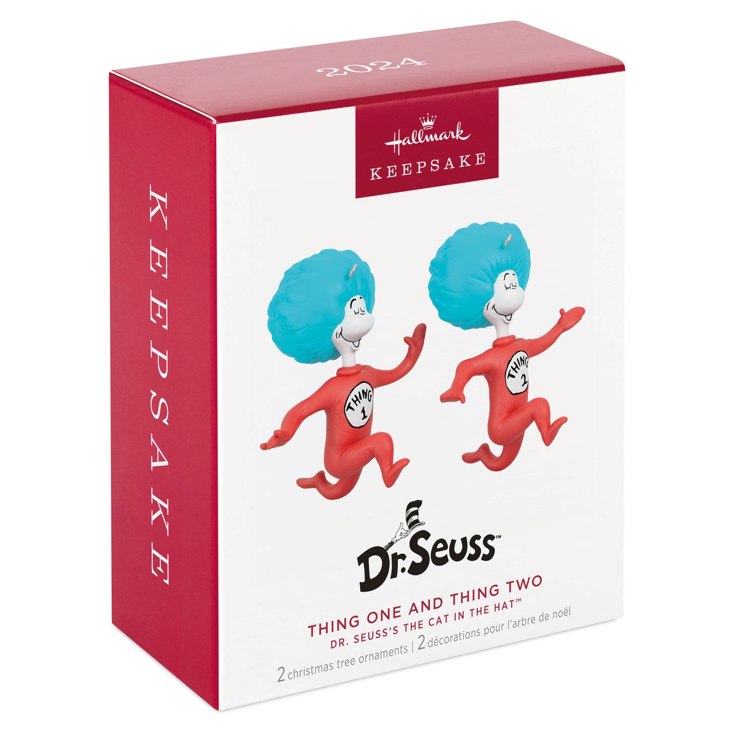 Dr. Seuss's The Cat in the Hat™ Thing One and Thing Two Ornaments, Set of 2 in festive red and blue packaging, flat lay view.