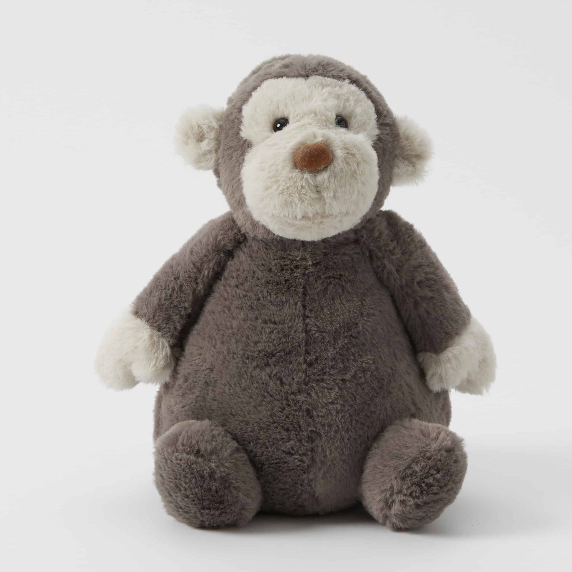 Jojo the Monkey - Plush Toy, soft stuffed monkey in grey and cream, front view showcasing plush texture and cute features.