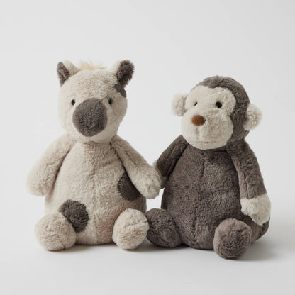 Jojo the Monkey - Plush Toy alongside a soft beige animal plush, featuring an appealing cuddle-ready design and unique textures.