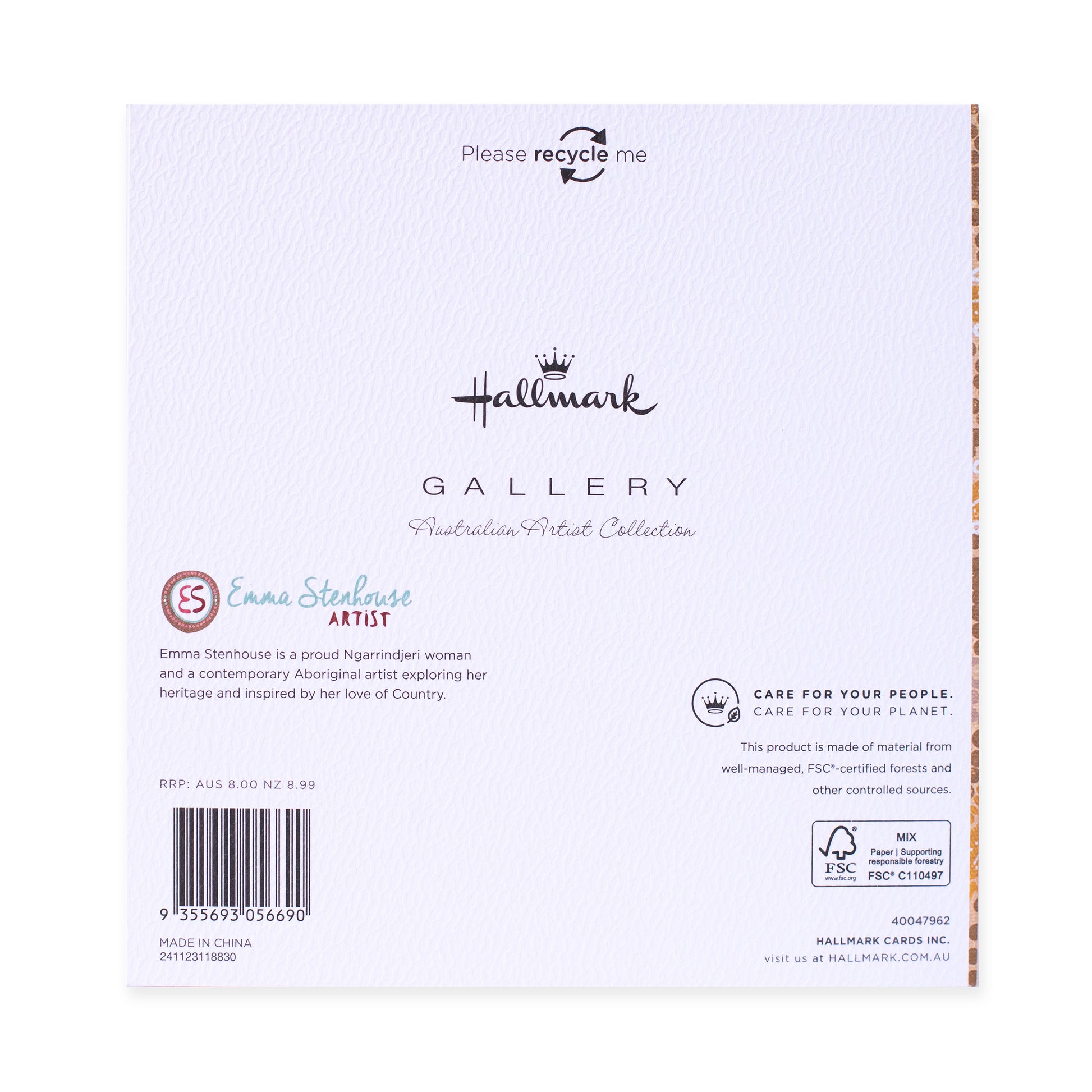 Hallmark x Emma Stenhouse Gallery Blank Greeting Card - Wounded Spirit, reverse side with details and recycling information.