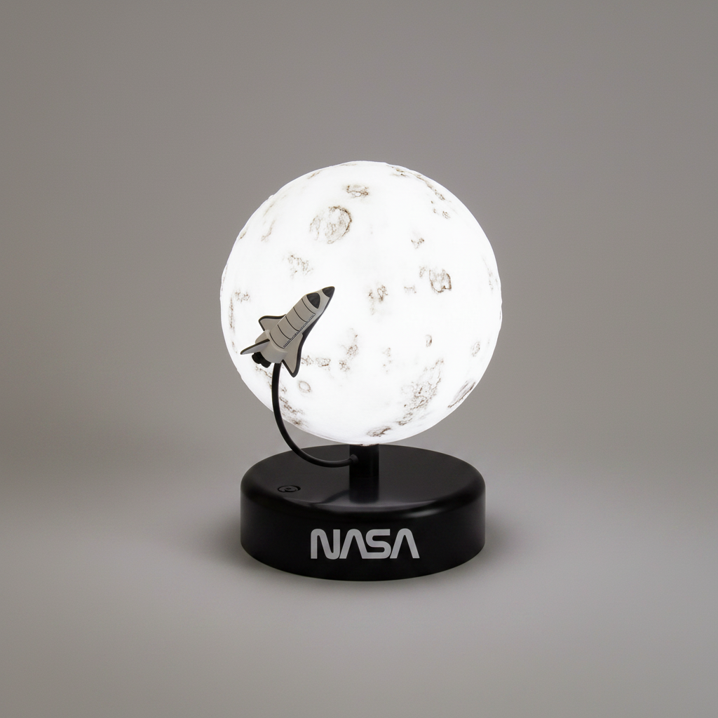 A NASA-themed space-themed night light featuring a glowing moon globe with a small metallic space shuttle accent, mounted on a black circular base printed with the NASA logo, set against a neutral gray background.
