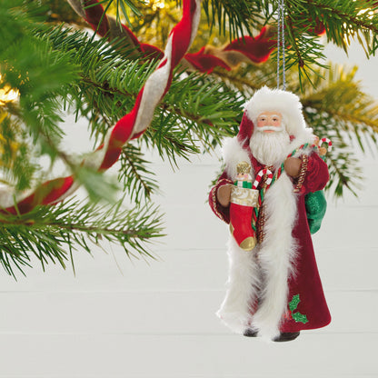 Father Christmas — Hallmark Keepsake Christmas Ornament, festive Santa with faux fur coat, hanging on a tree with a stocking and pack.