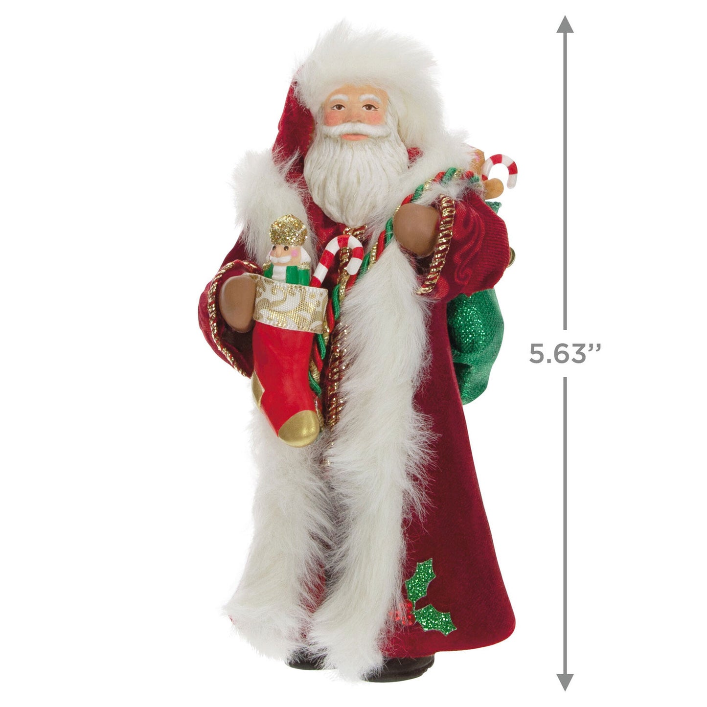 Father Christmas — Hallmark Keepsake Christmas Ornament in red coat, holding a stocking and toy-filled pack, close up view.