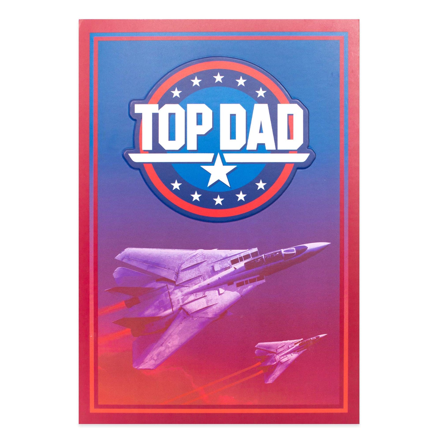 Poster with 'Top Dad' text and a fighter jet design on a blue and red gradient background.