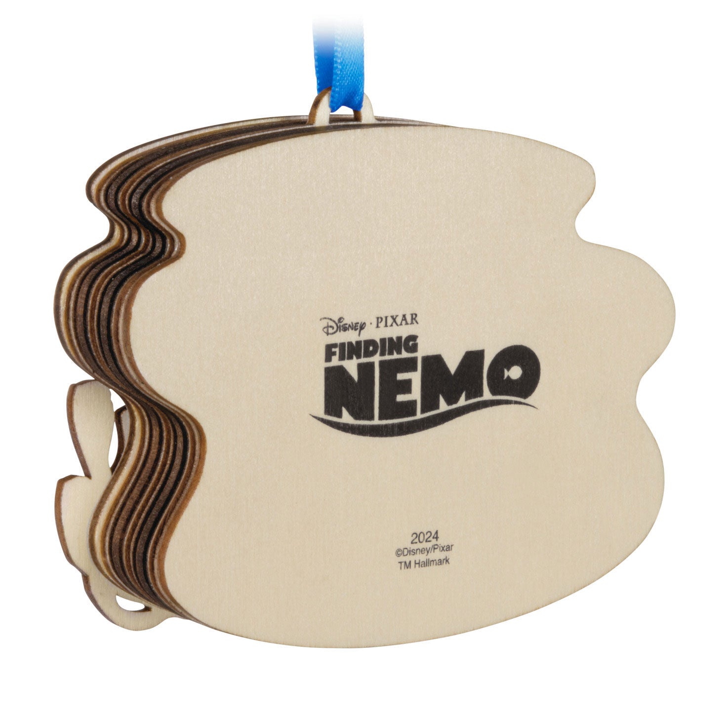 Disney and Pixar Finding Nemo, Totally Unforgettable Friends Papercraft — Hallmark Keepsake Christmas Ornament, close-up view of wooden design and logo.