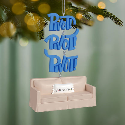 Friends Pivot! With Sound — 2026 Hallmark Keepsake Christmas Ornament hanging from a tree with vibrant blue lettering and a couch design.