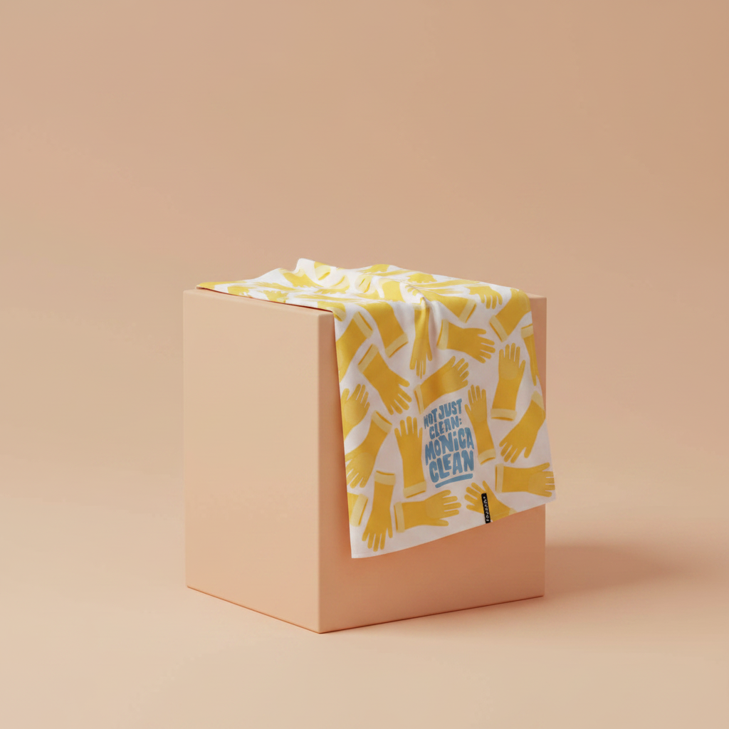 Friends tv show monica tea towel, Box with a towel featuring yellow glove patterns on a beige background