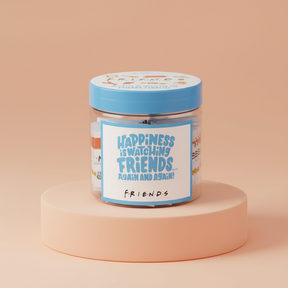 Friends tv show Jar with a blue lid and label on a peach background