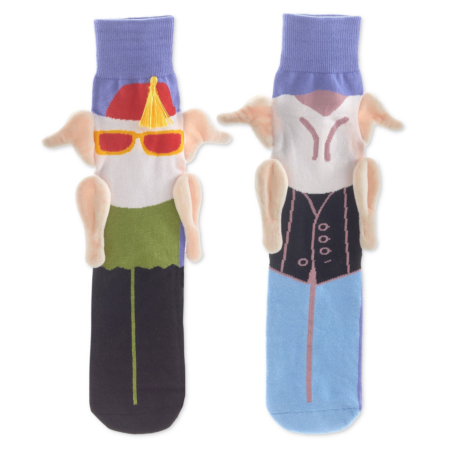 Friends (TV Show) Turkey Head Monica and Joey Novelty Socks with colourful designs and turkey motifs in a flat lay view.