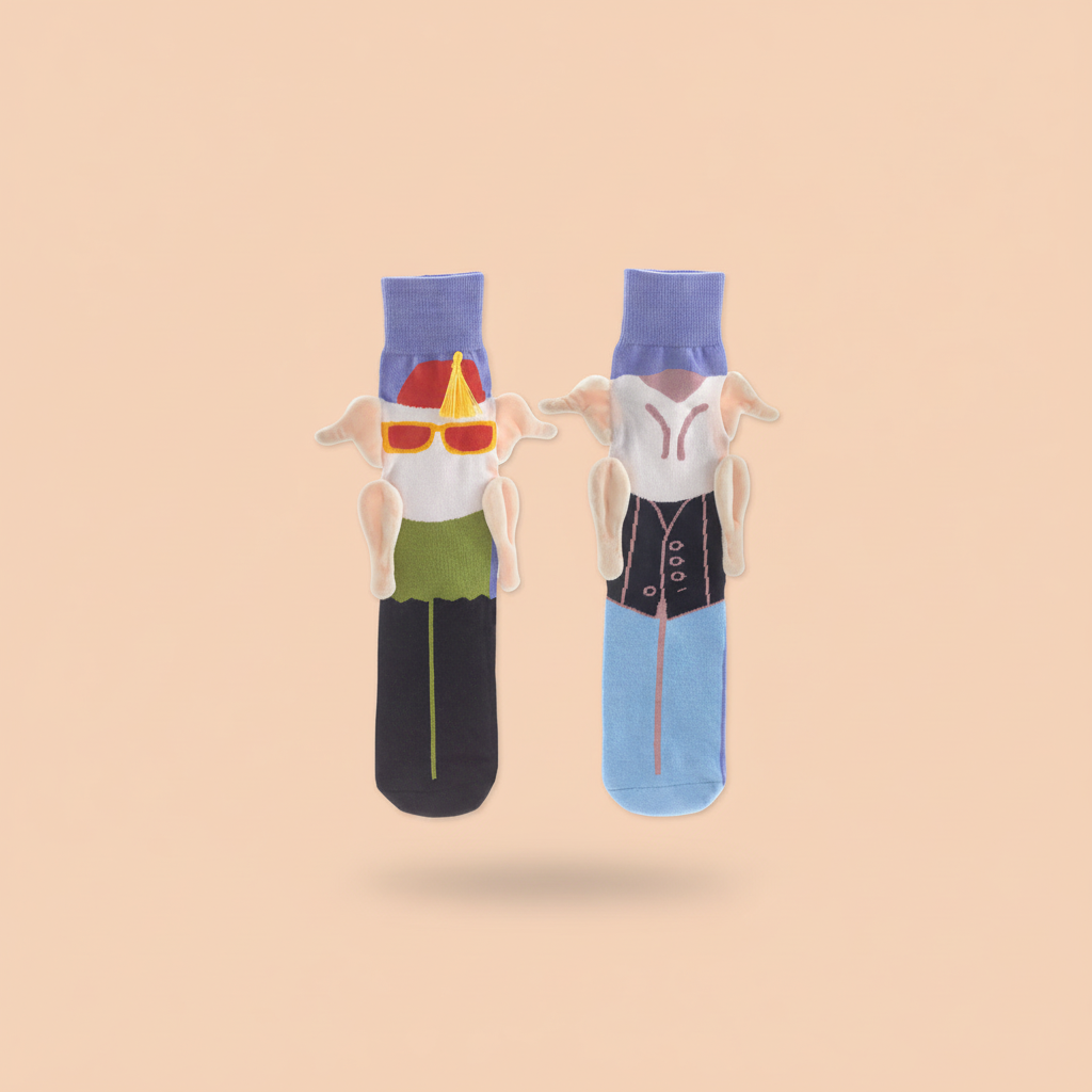 Friends tv show monica and joey Two socks with cartoon character designs on a beige background