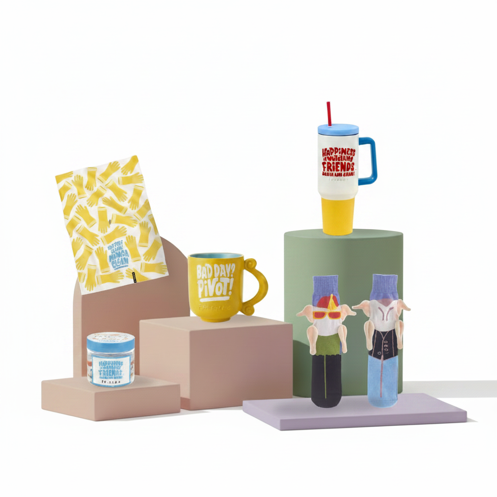A collection of colorful merchandise displayed on minimalist geometric pedestals against a white background, including a yellow mug that reads 'NO DAY WITHOUT PIVOT!', a patterned snack bag, a small jar, a tall handled tumbler with a cartoon character, and two small character figurines.