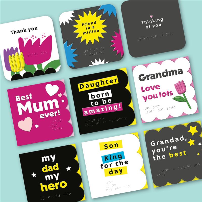 Nine accessible greeting cards arranged in a grid, each featuring both print and Braille text. Messages include “Thank You,” “Friend in a Million,” “Thinking of You,” and cards for Mum, Dad, Grandma, Grandad, Daughter, and Son — designed to be inclusive for people who are blind or have low vision.