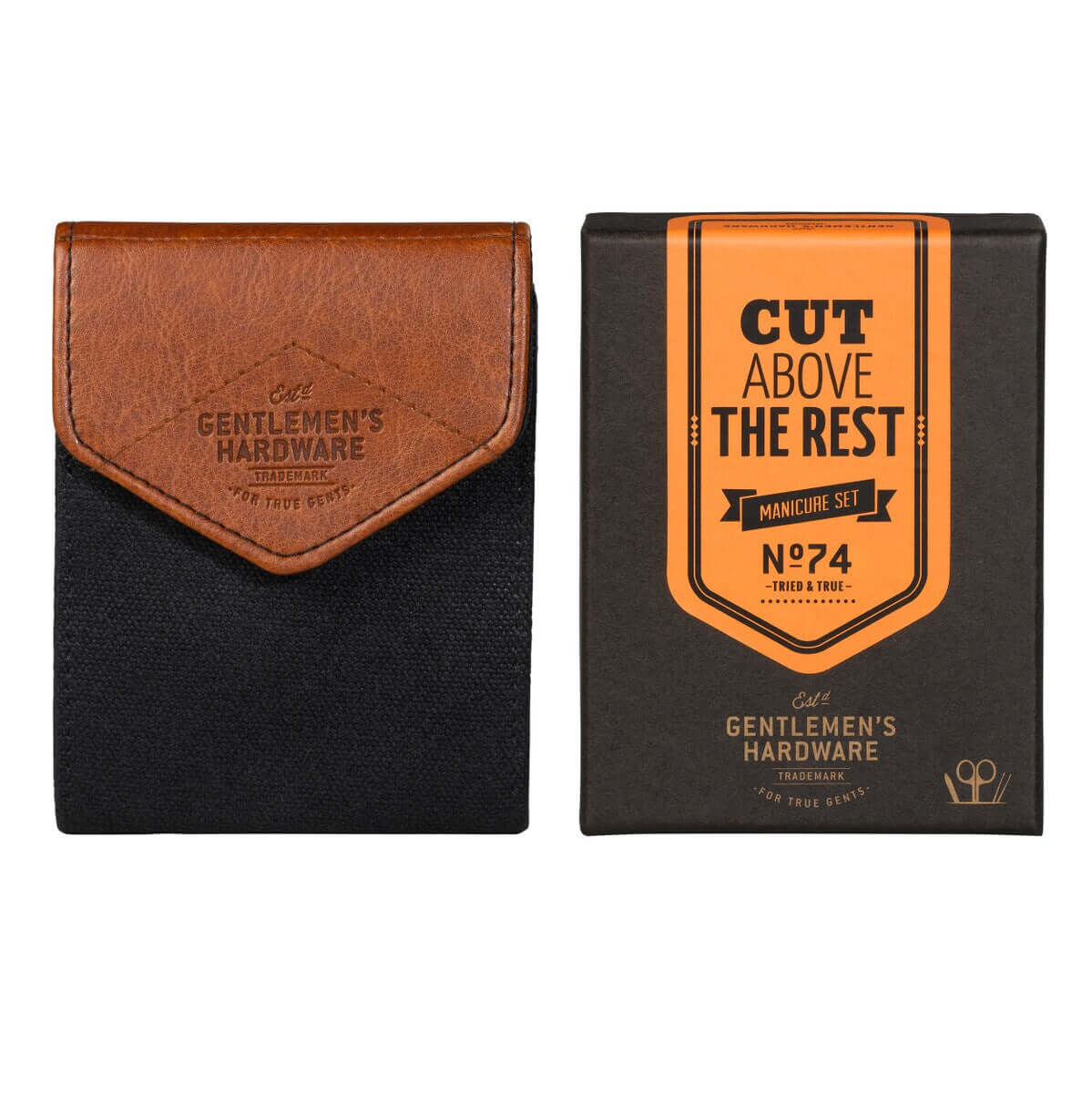 Charcoal Canvas Manicure Set, grey wax-canvas case with leather detail, displayed with front packaging.
