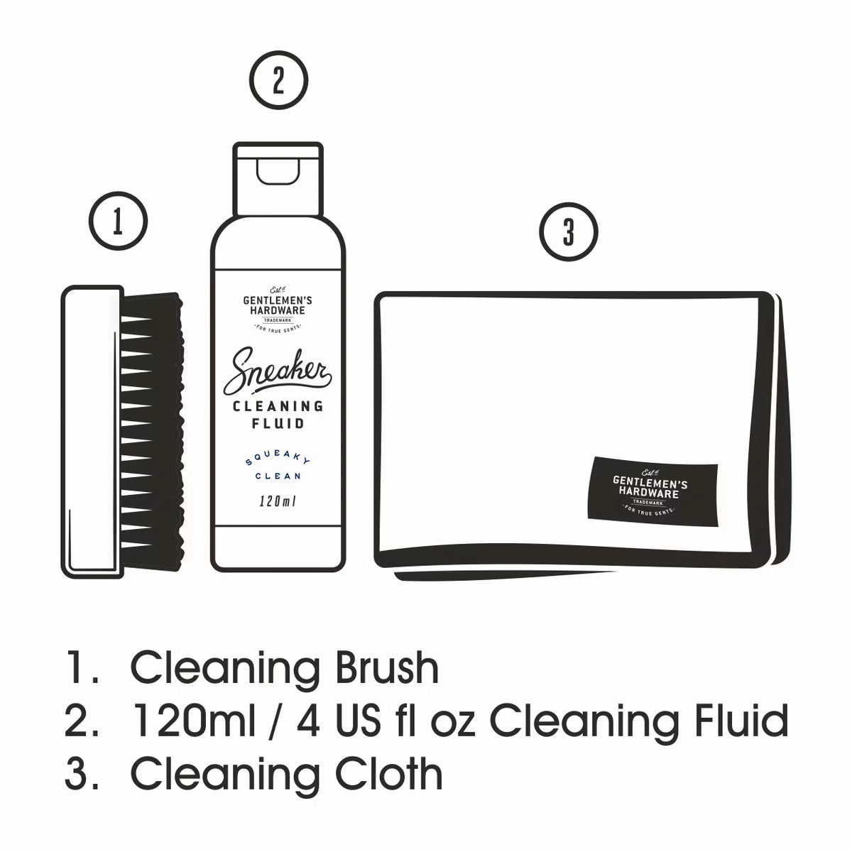 Sneaker cleaning kit including cleaning brush, 120ml cleaning fluid bottle and cleaning cloth in flat lay view