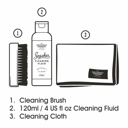 Sneaker cleaning kit including cleaning brush, 120ml cleaning fluid bottle and cleaning cloth in flat lay view