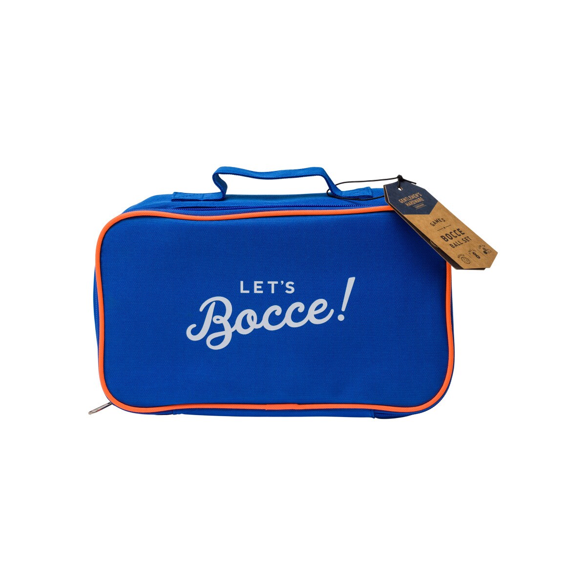 Bocce ball/boules travel case in bright blue with orange trim and 'Let's Bocce!' slogan, ideal for outdoor games.