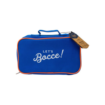 Bocce ball/boules travel case in bright blue with orange trim and 'Let's Bocce!' slogan, ideal for outdoor games.