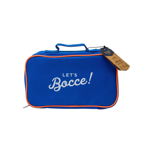 Bocce ball/boules travel case in bright blue with orange trim and 'Let's Bocce!' slogan, ideal for outdoor games.