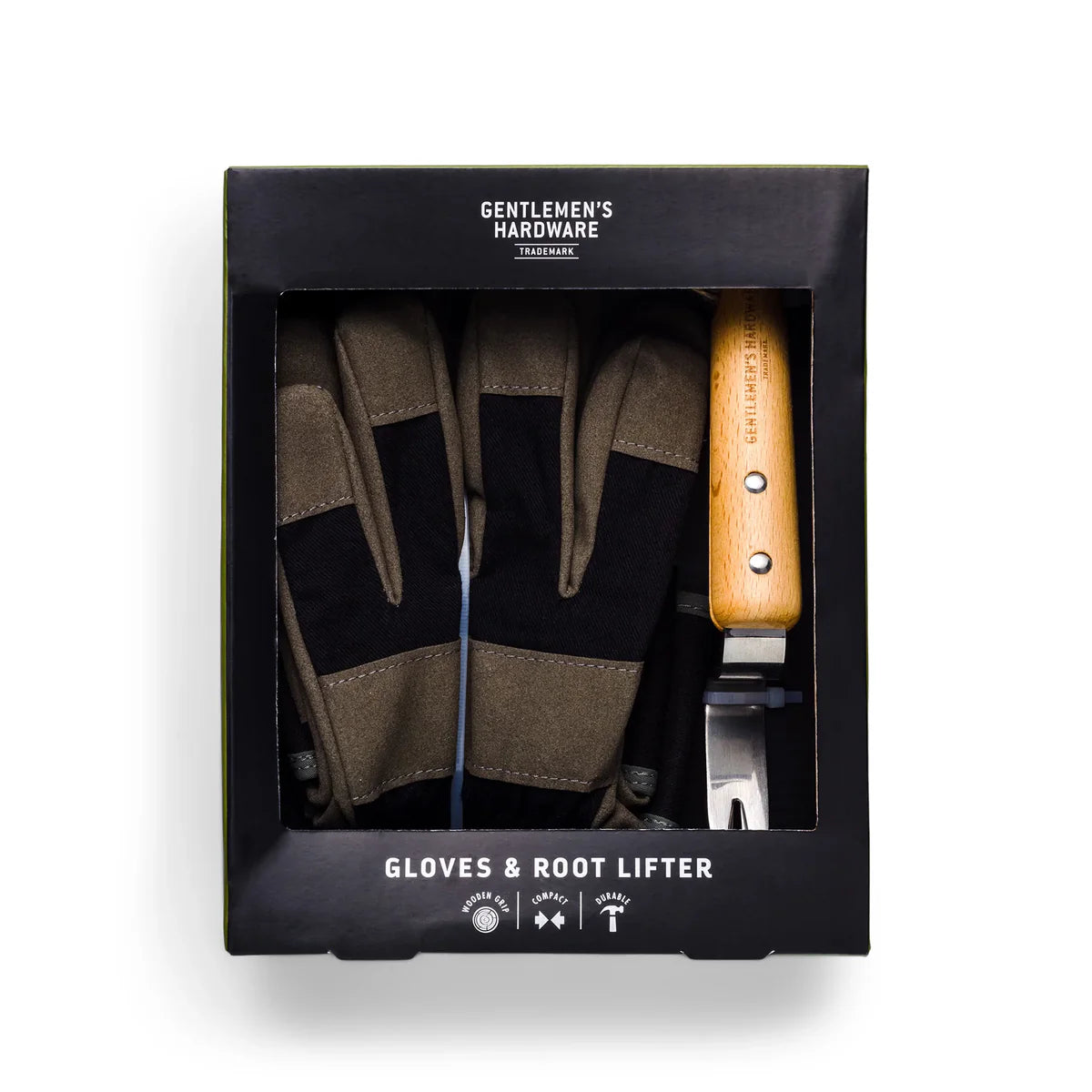 Leather gloves & root lifter set in box, featuring durable vegan leather gloves and wood-handled root lifter.