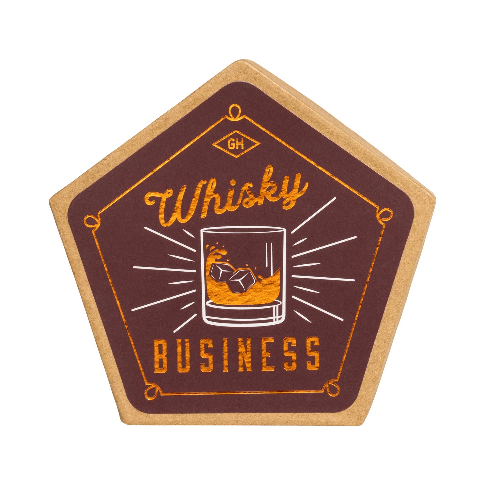 Ceramic Coaster, Set of 4 - Whisky featuring a hexagonal shape with a playful 'Whisky Business' design, close up view.