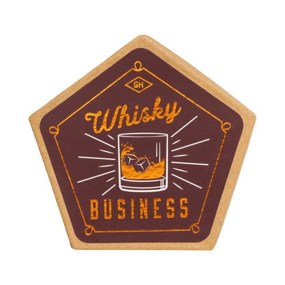 Ceramic Coaster, Set of 4 - Whisky featuring a hexagonal shape with a playful 'Whisky Business' design, close up view.