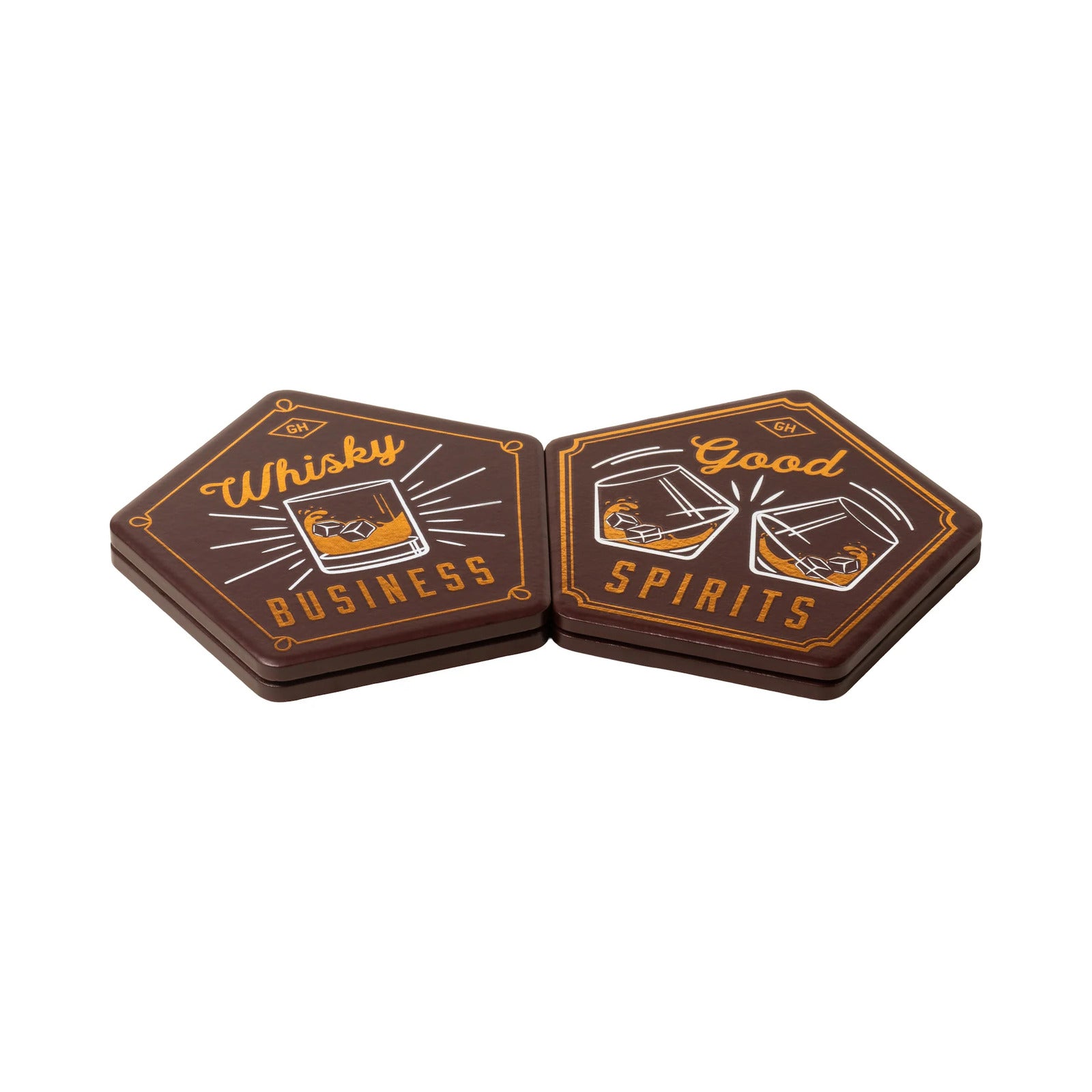 Ceramic Coaster, Set of 4 - Whisky, hexagonal coasters featuring playful whisky-themed designs, close up view
