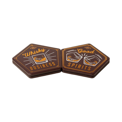 Ceramic Coaster, Set of 4 - Whisky, hexagonal coasters featuring playful whisky-themed designs, close up view