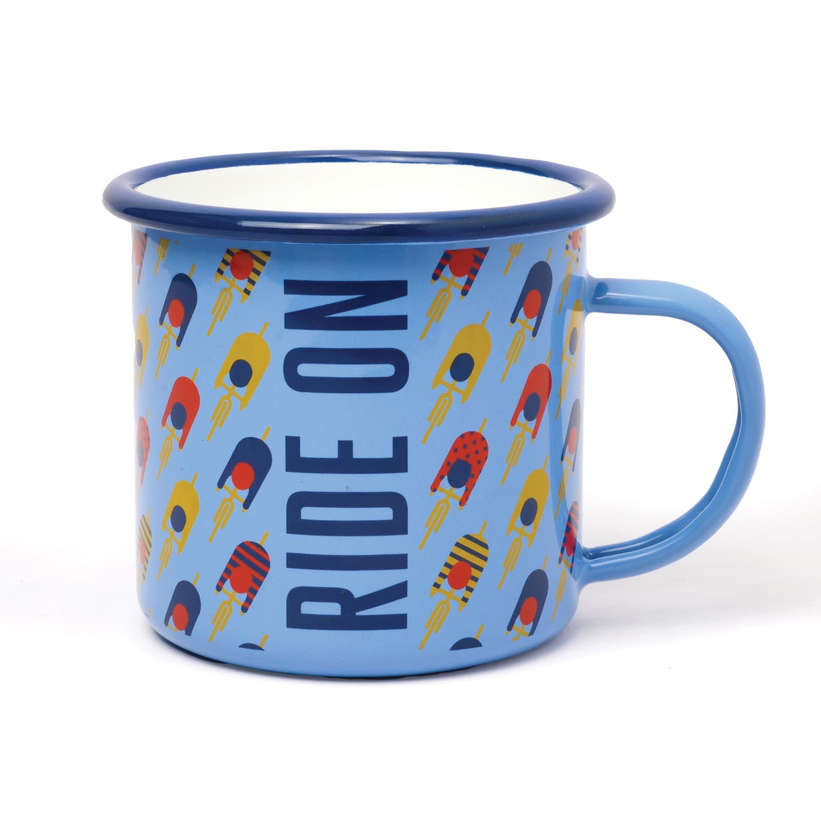 Enamel Mug - Cycling, lightweight steel, blue with vibrant cycling graphics, angled view.